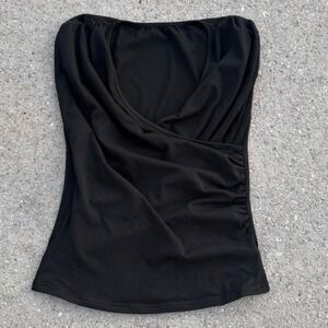 Black Surplice Draped Sleeveless Ruched Side V-Neck Knit Top Blouse